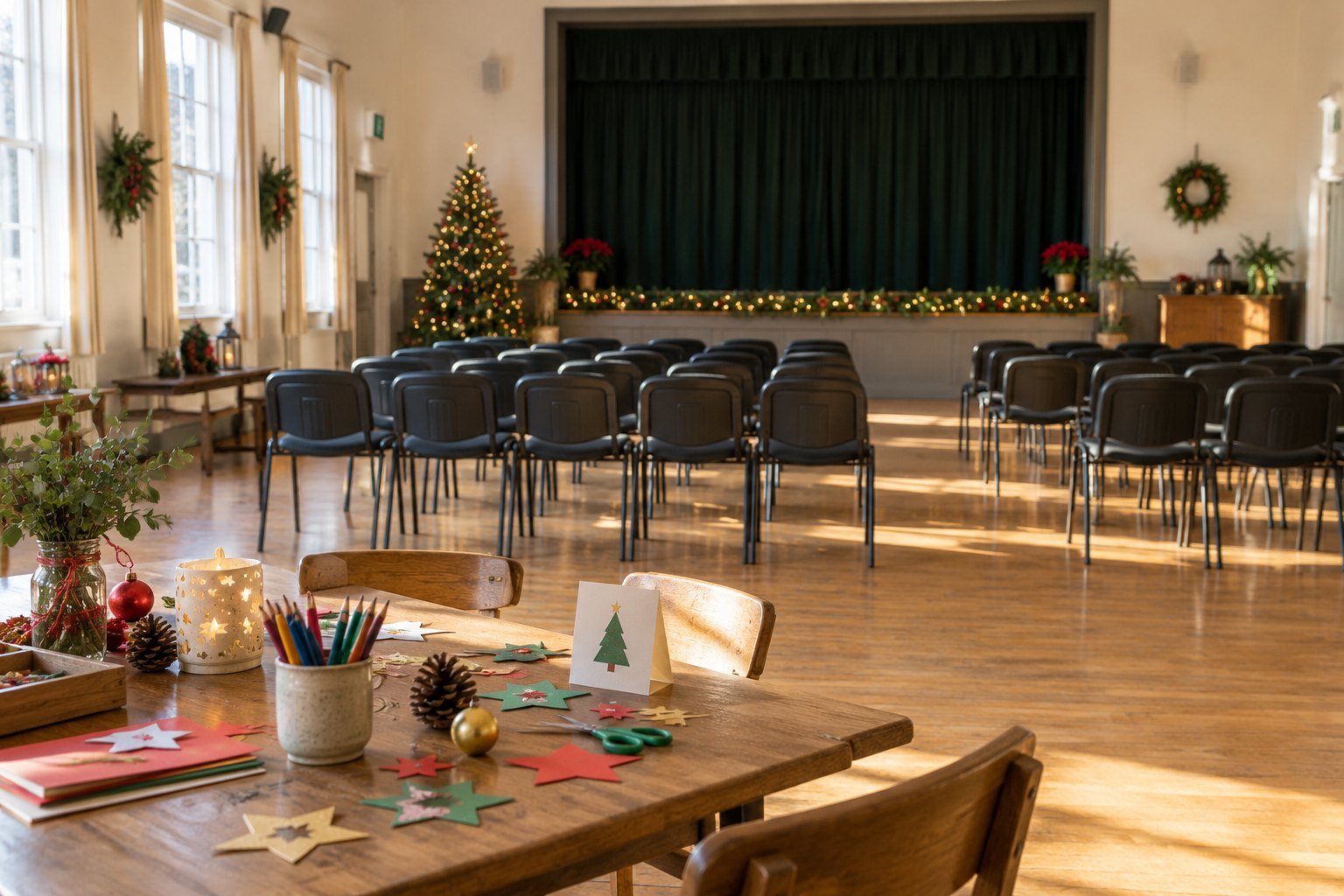 Christmas craft table in a hall with audience chairs facing a performance area