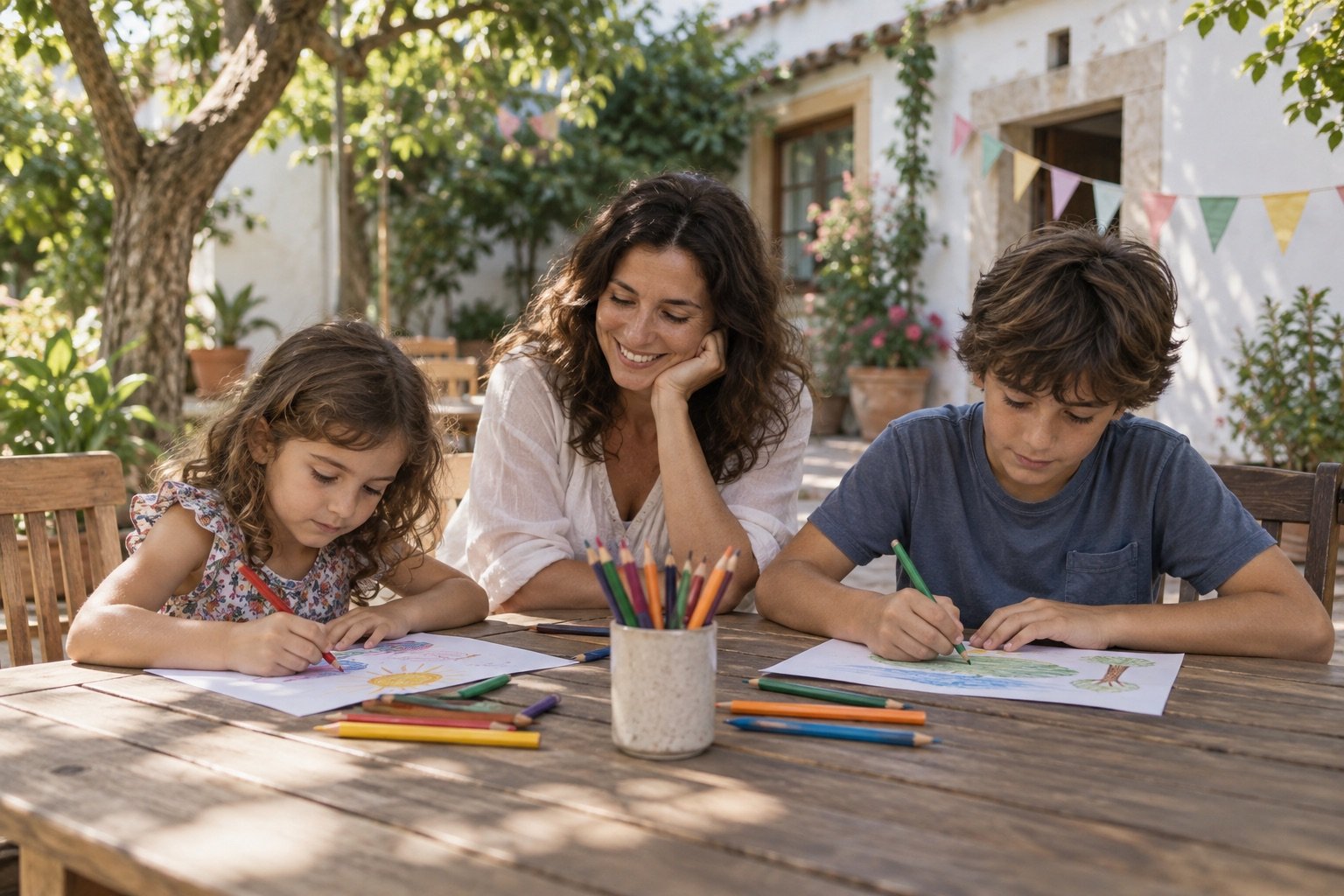 Two children of different ages draw at a garden table with an adult nearby