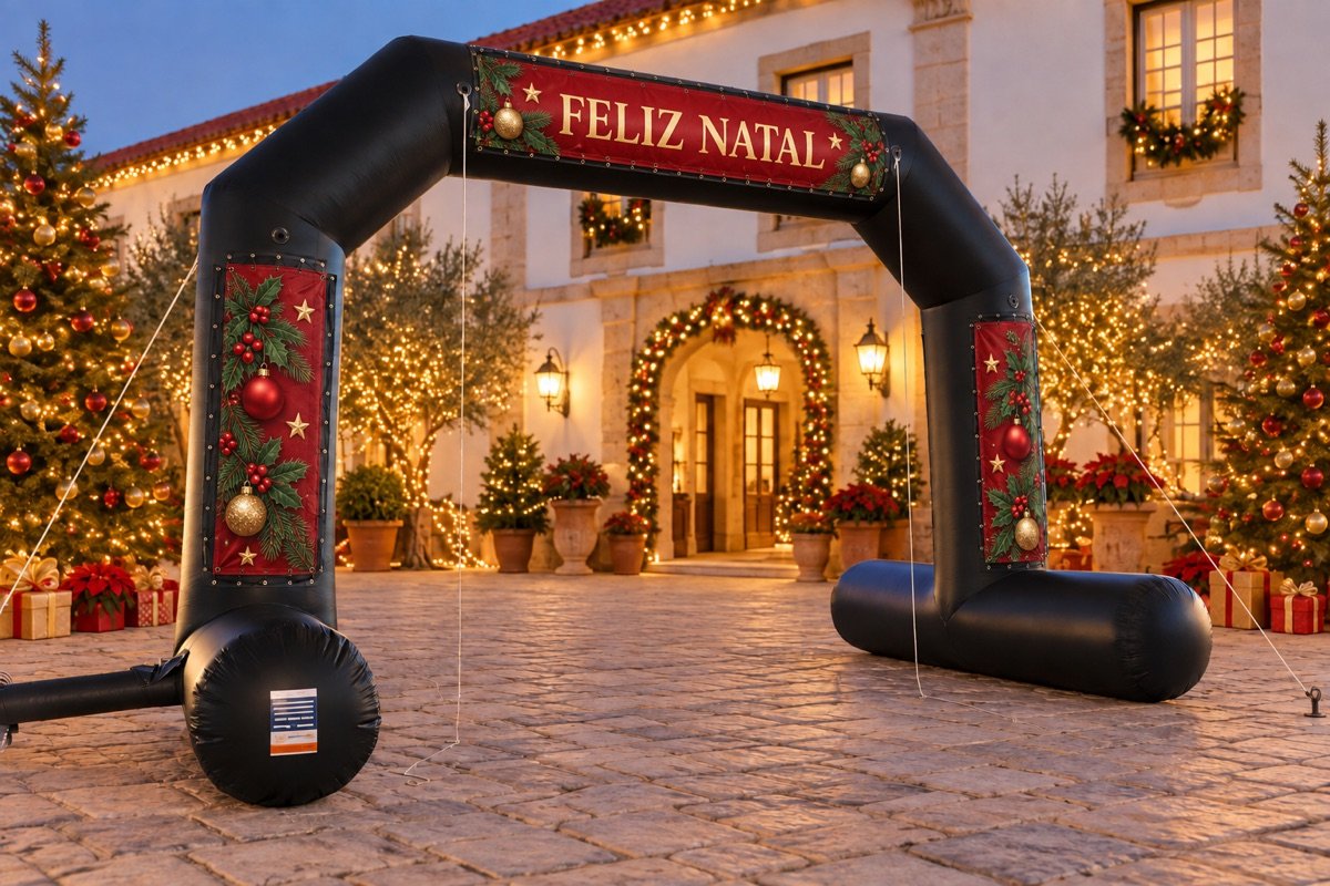 PORTICO PRETO num cenário de Natal ilustrativo com simulação de lonas natalícias
