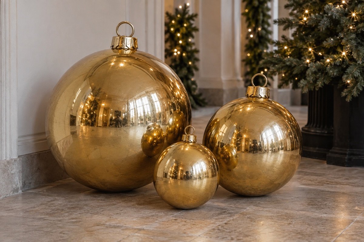Bolas de Natal douradas · 65 / 50 / 40 cm — representação ilustrativa