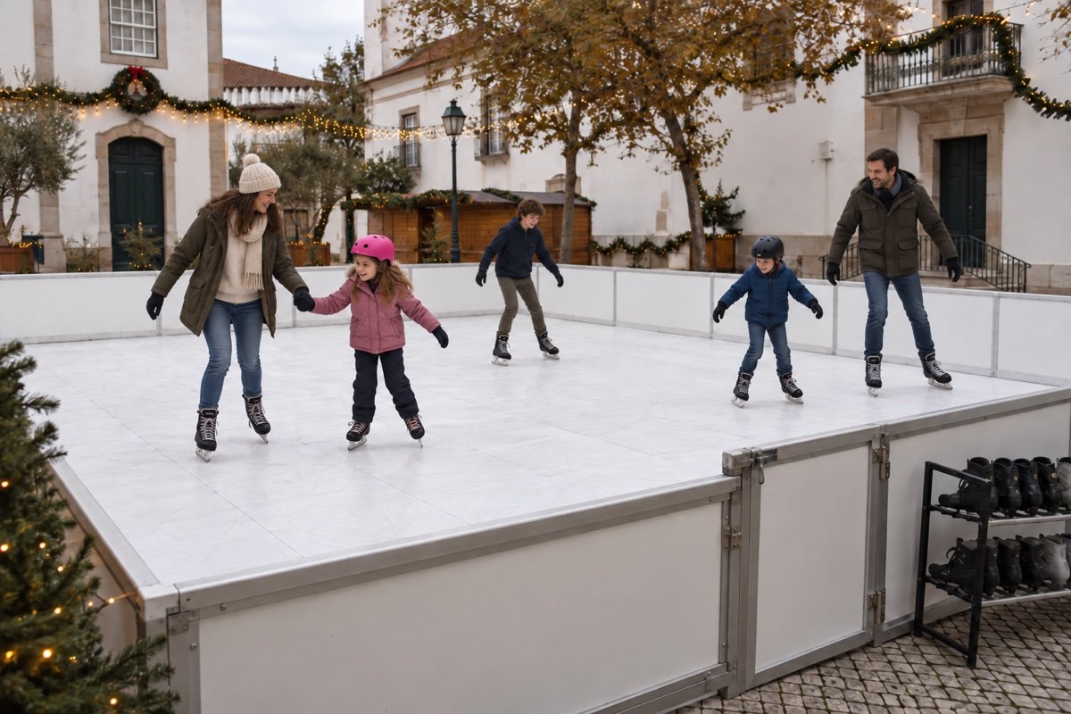 Pista de gelo ecológica · 100 m² com adultos e crianças a patinar — representação ilustrativa