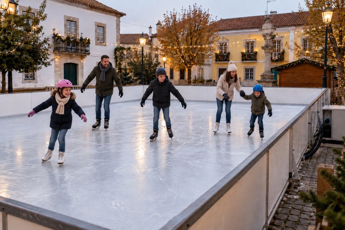 Pista de gelo verdadeiro · 100 m² com adultos e crianças a patinar — representação ilustrativa